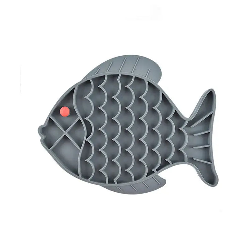 WilderPaw SlowBowl silicone fish-shaped slow feeder for dogs in gray