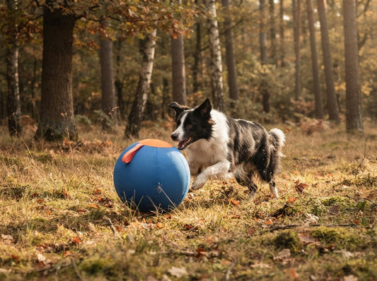 Border Collie chasing the WilderPaw Romp herding ball in a forest