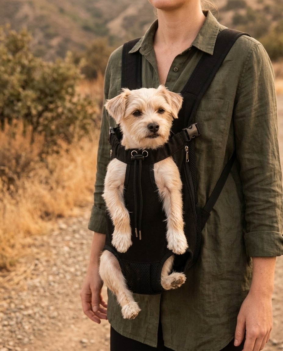 Dog carried in the WilderPaw ScoutPack legs-out front carrier on a trail