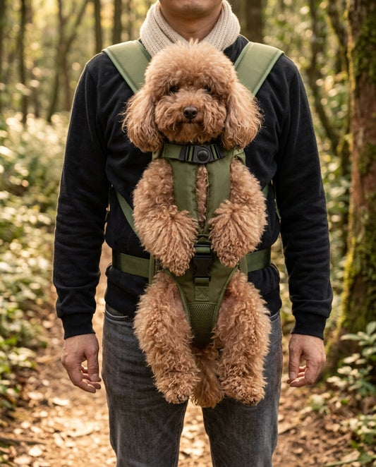 Dog carried in the WilderPaw TrailCarrier on a woodland trail
