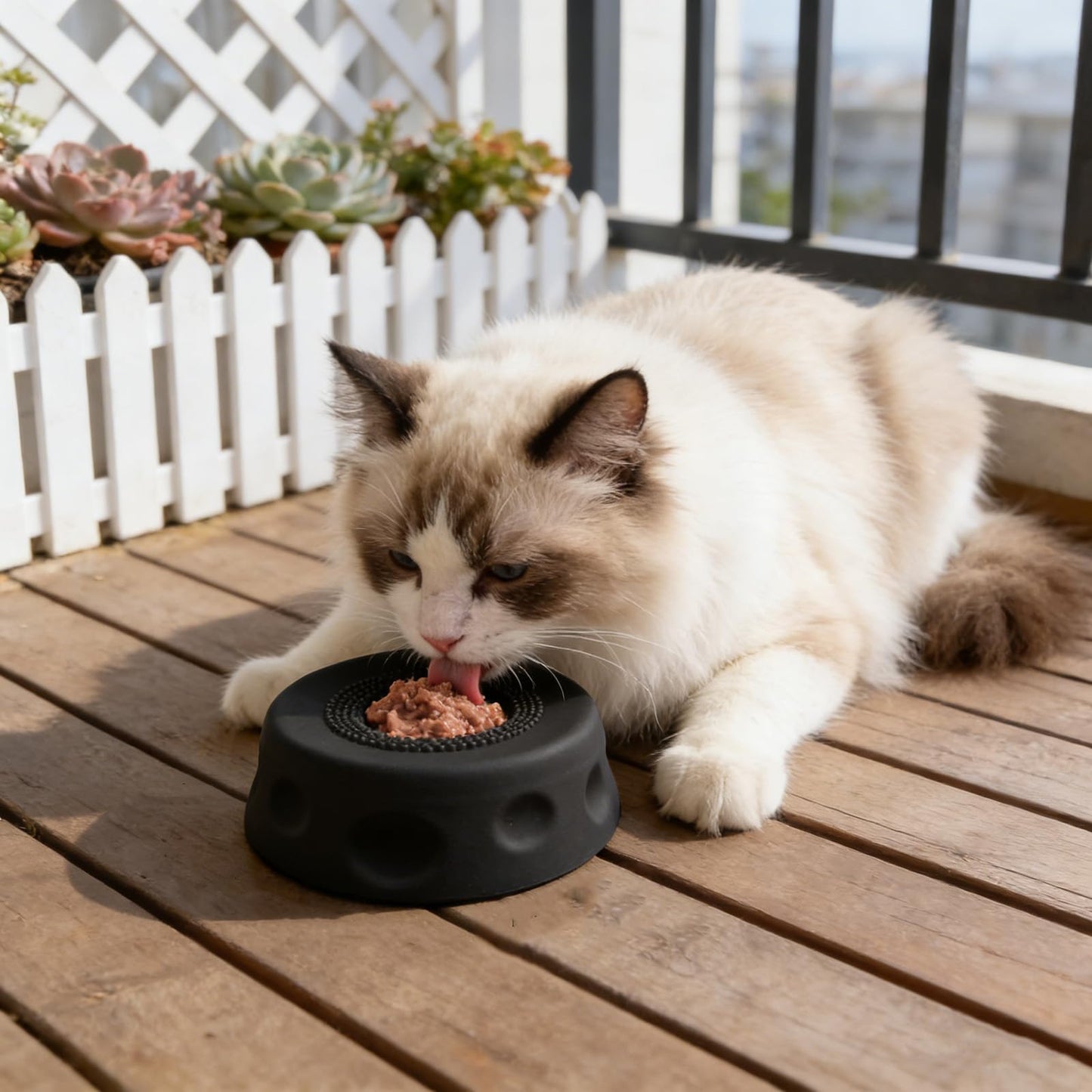 WilderPaw LickWell lick bowl in use on a wood deck