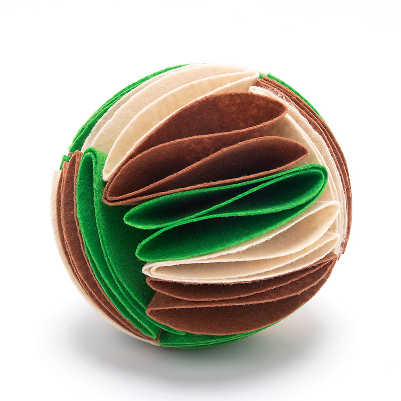 WilderPaw ForageBall felt snuffle ball for dogs in beige, brown and green