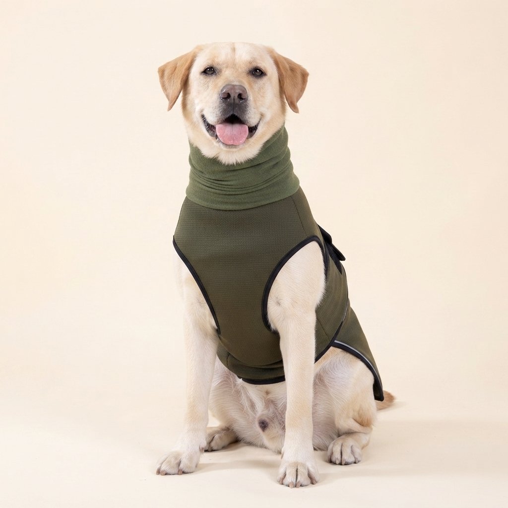 WilderPaw CalmWrap calming vest in army green on a dog