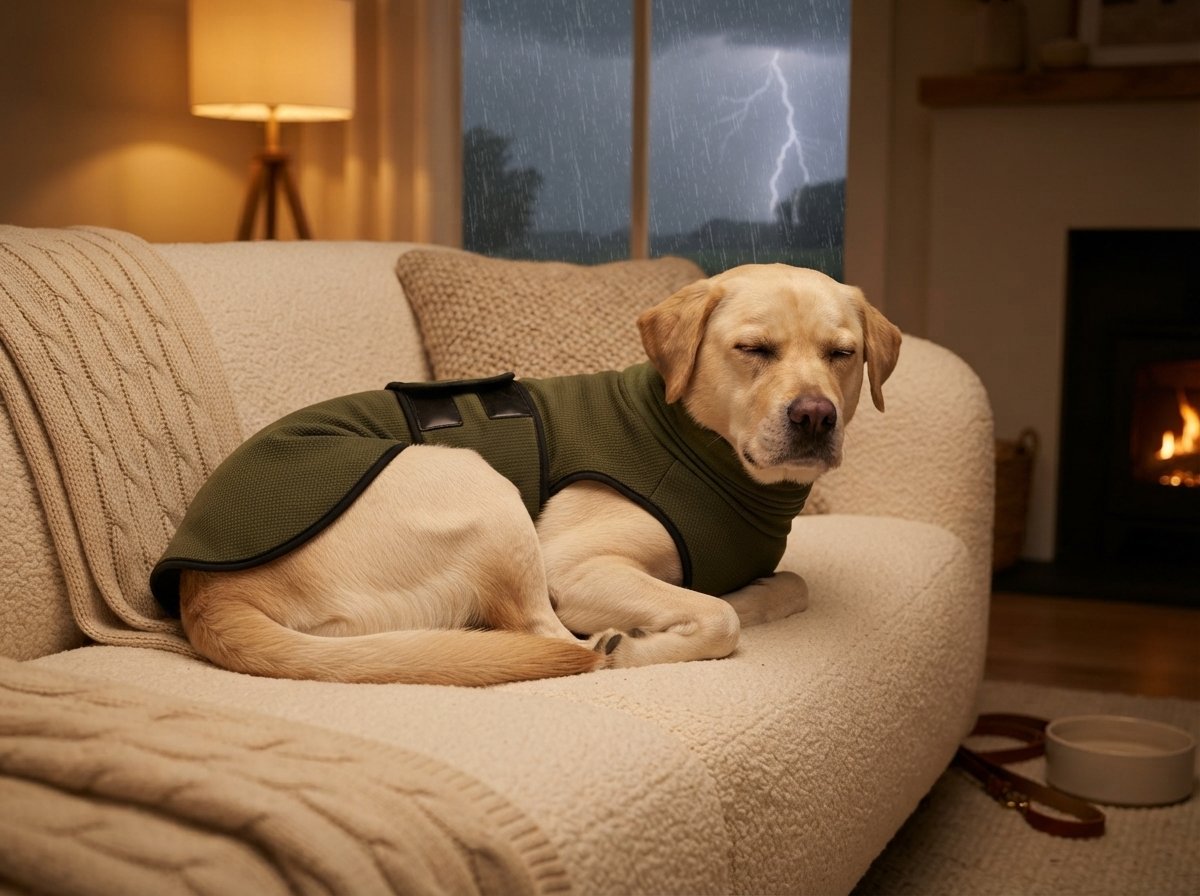 Dog resting calmly on a couch wearing the WilderPaw CalmWrap