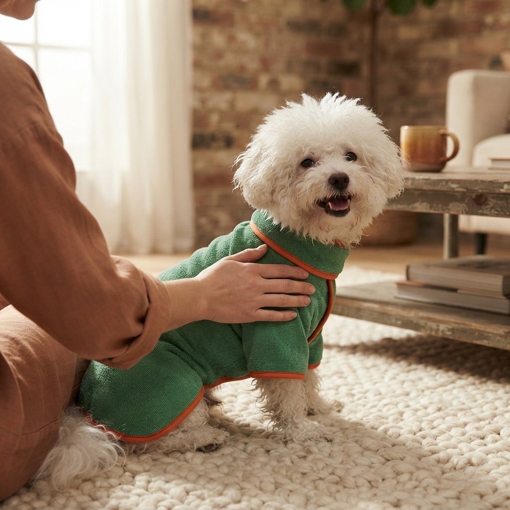 Owner drying a happy dog wearing the WilderPaw DryDen robe