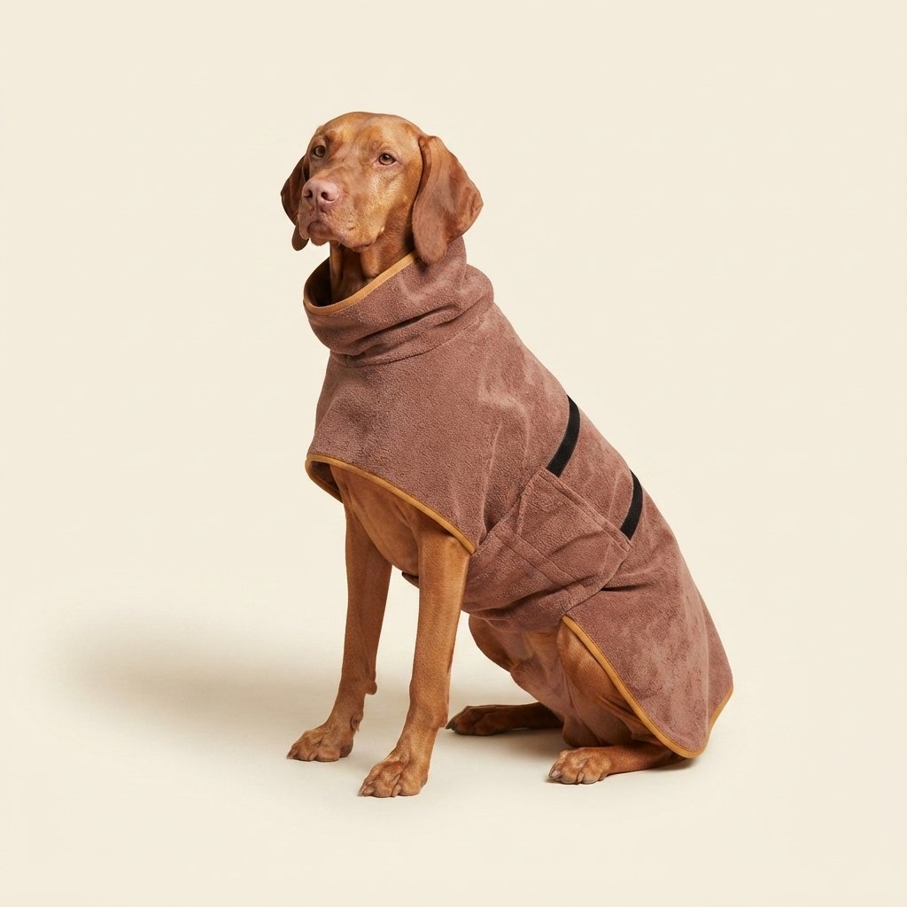 WilderPaw DryDen dog drying robe in coffee brown worn by a dog
