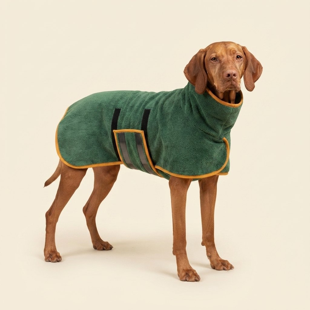 WilderPaw DryDen dog drying robe in forest green worn by a dog