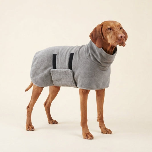 WilderPaw DryDen dog drying robe in stone grey worn by a dog