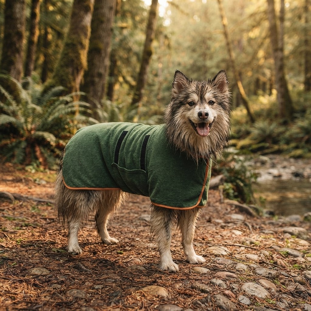 Dog wearing the WilderPaw DryDen robe on a forest trail after a swim