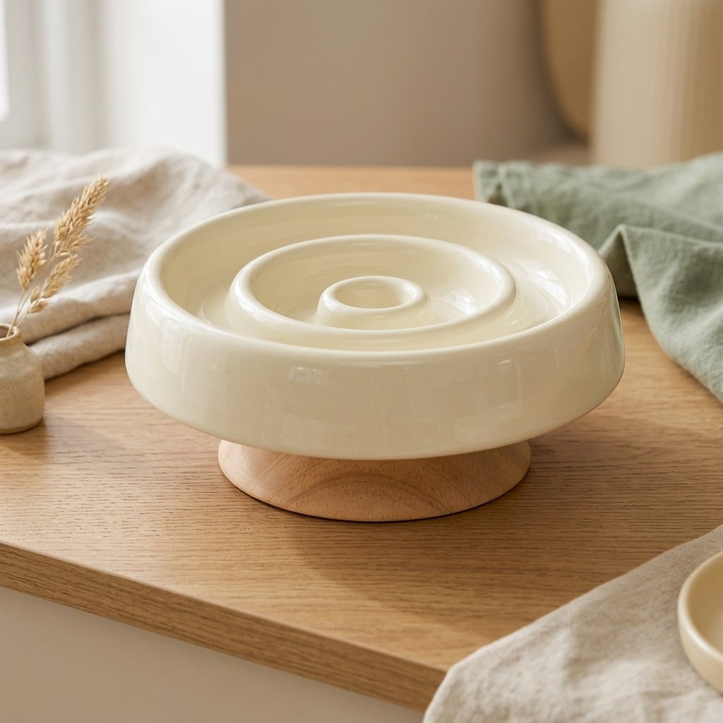 WilderPaw HearthBowl raised ceramic slow-feeder dog bowl in beige on a natural wood stand