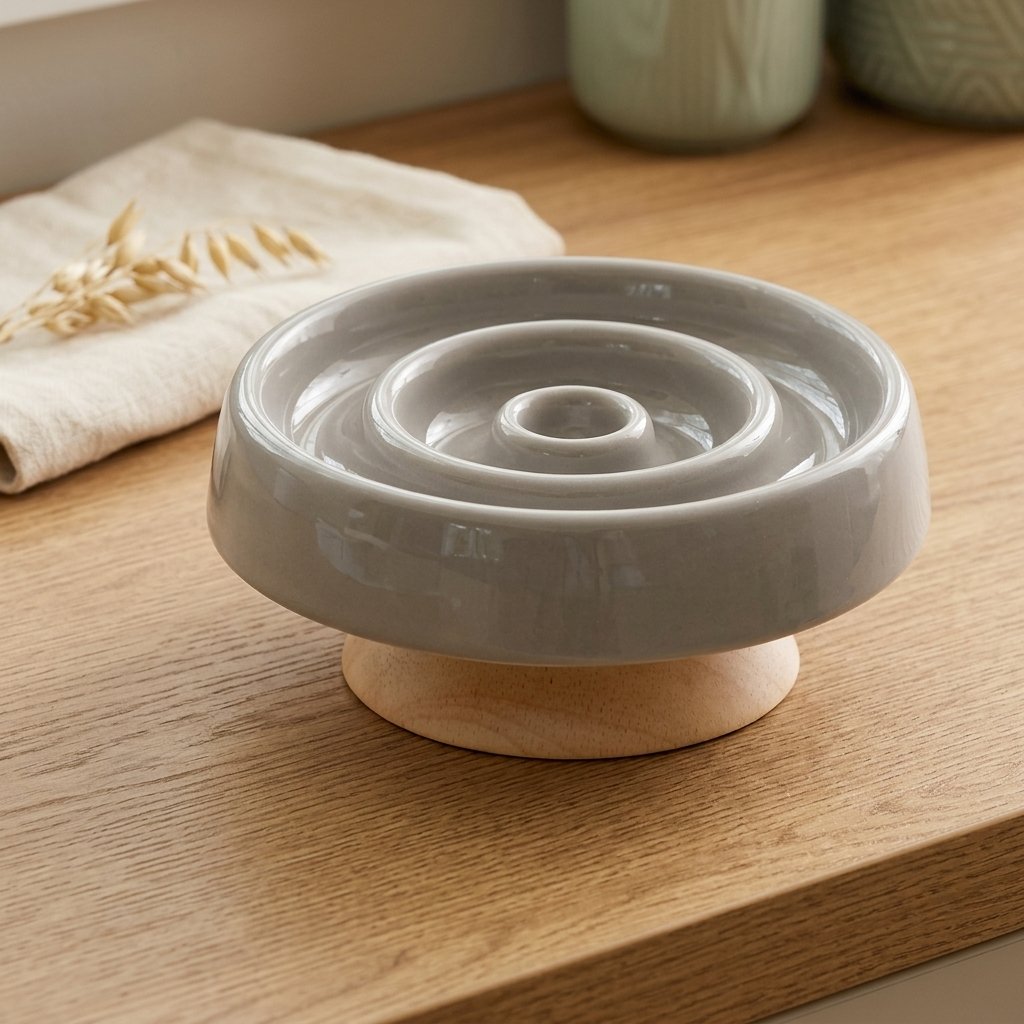 WilderPaw HearthBowl raised ceramic slow-feeder dog bowl in grey on a natural wood stand