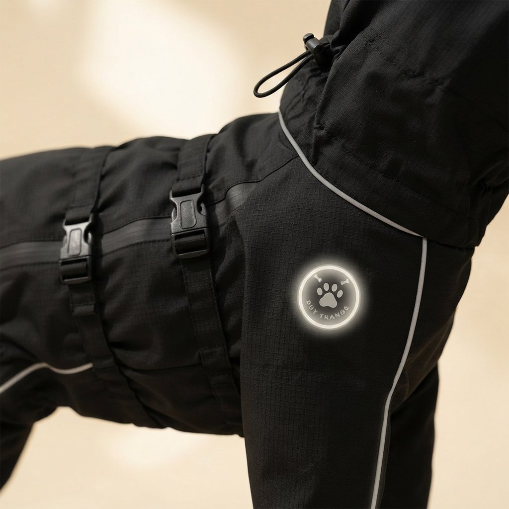 Close-up of the RainArmor reflective trim, hood and buckle