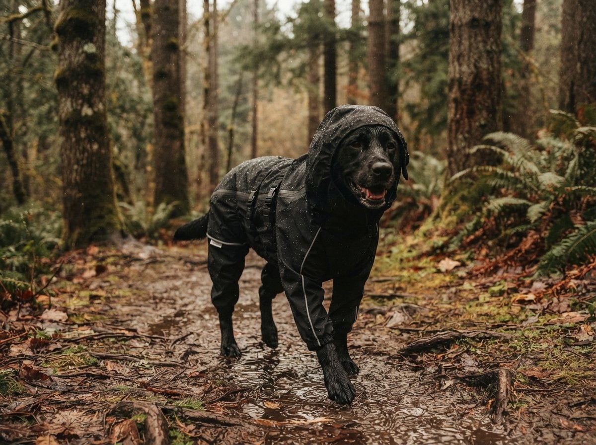 Dog on a rainy forest trail wearing the WilderPaw RainArmor raincoat