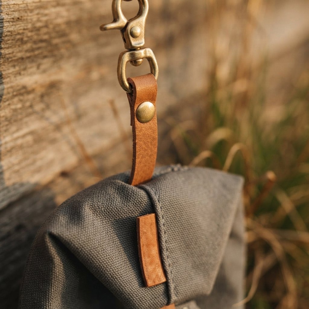 Close-up of the brass-tone clip and tan leather-look strap on WilderPaw RoamBowl