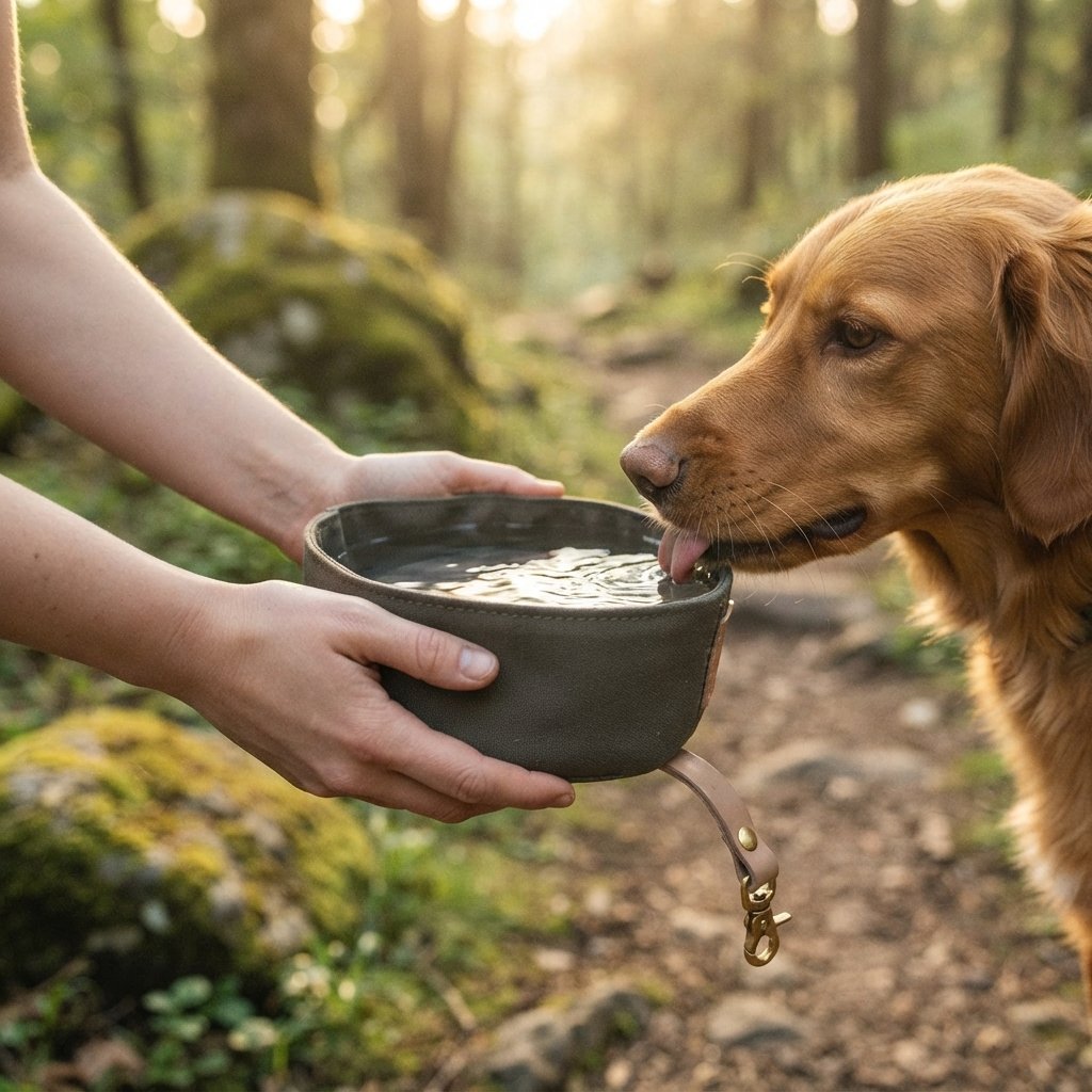 Dog drinking from a WilderPaw RoamBowl held open on a forest trail