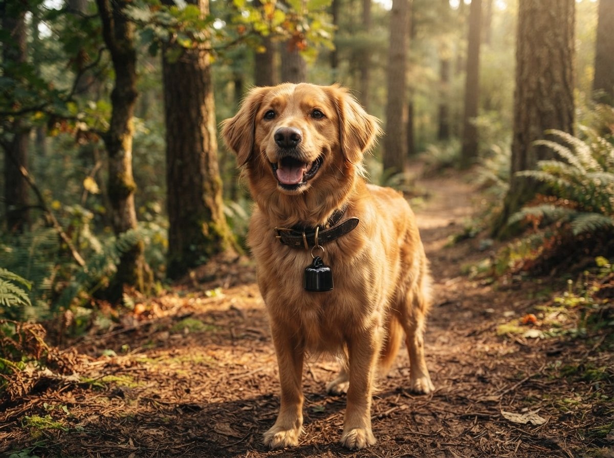 Dog on a forest trail wearing a collar with the WilderPaw RoamTag