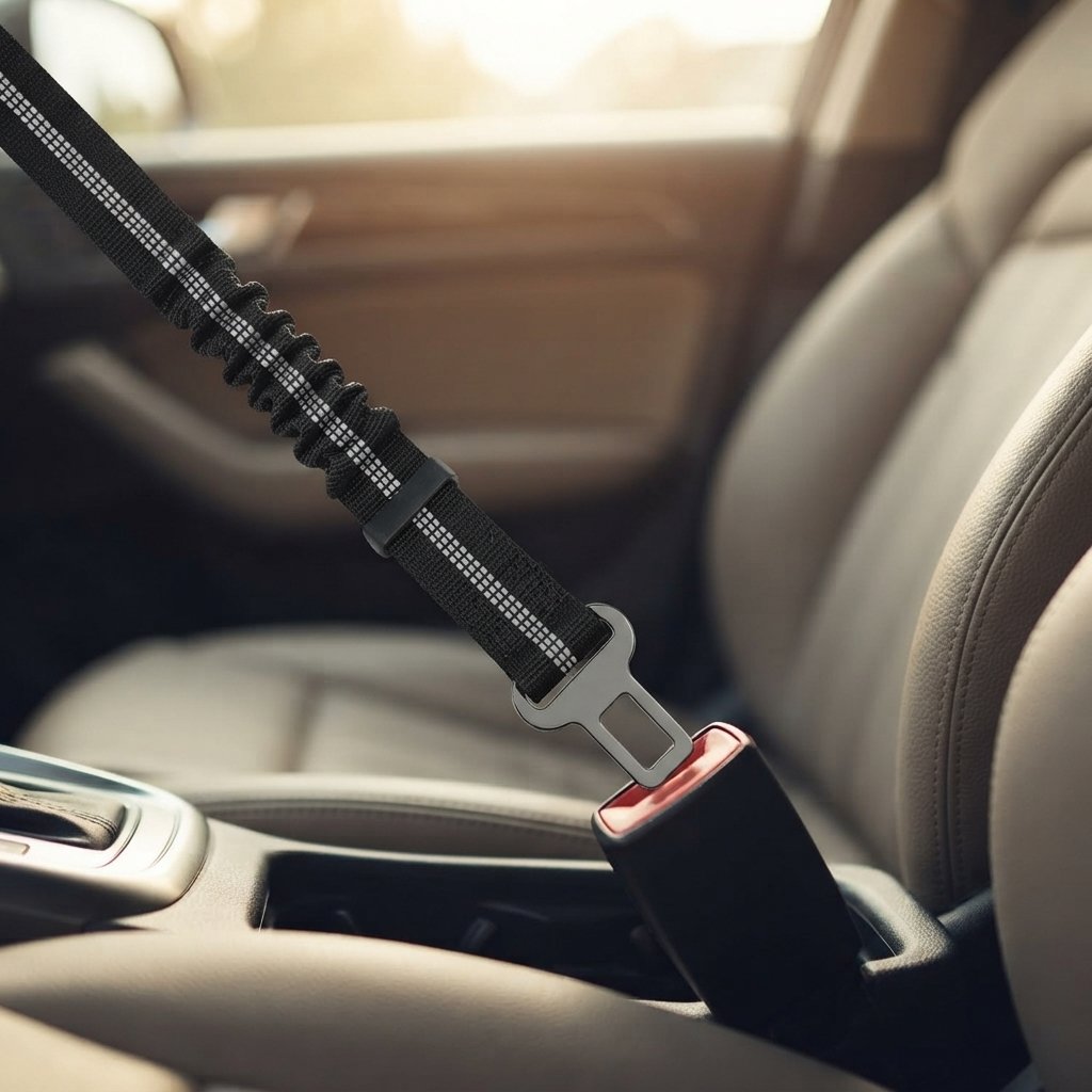 SafeRide buckle tongue clicked into a car seatbelt receptacle