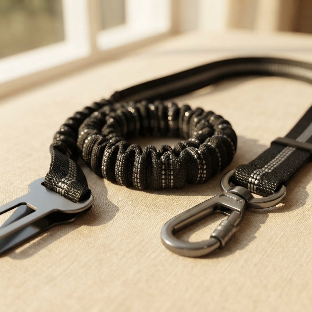 Close-up of the bungee, reflective stitching and swivel clip on WilderPaw SafeRide