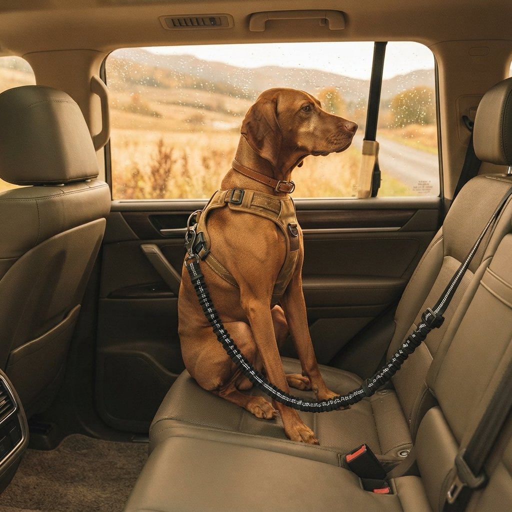 Dog secured safely in a car back seat with the WilderPaw SafeRide seatbelt