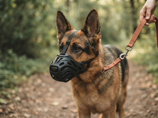 Dog wearing the WilderPaw SnoutGuard muzzle on a calm forest walk
