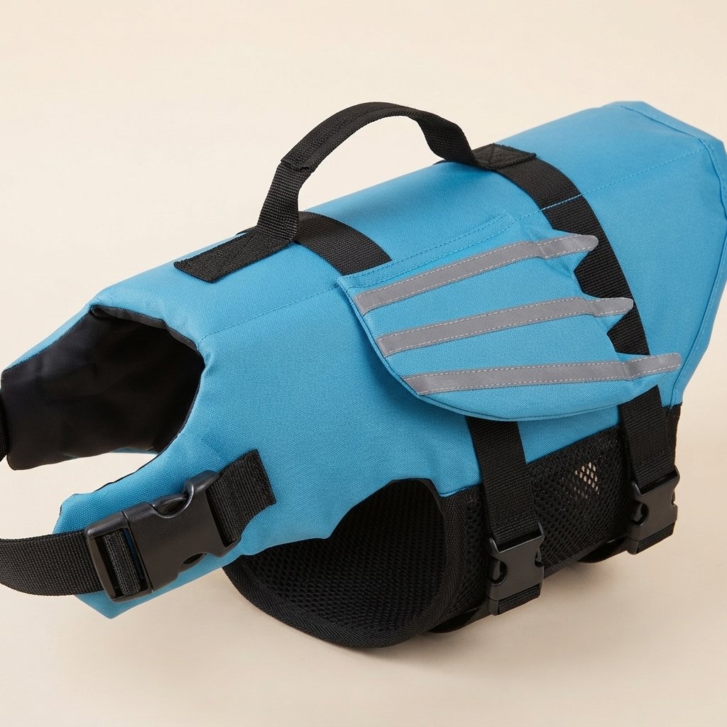 Close-up of the SwimSafe rescue handle, reflective strip and buckle