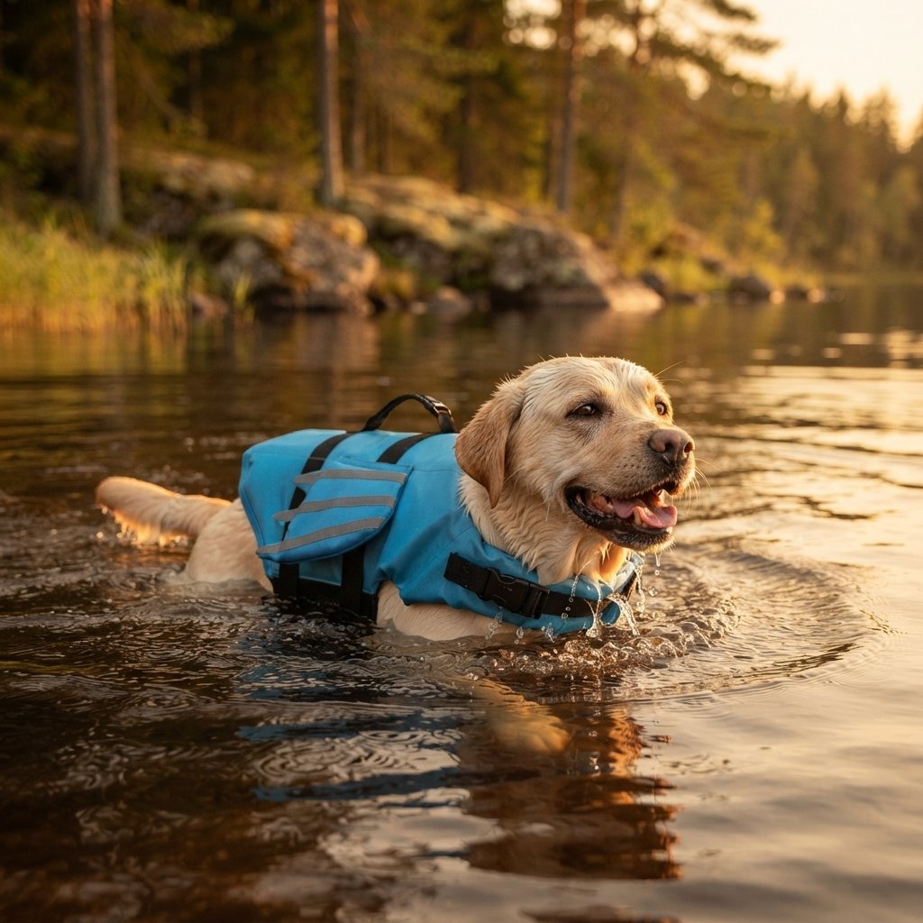 Dog swimming in a lake wearing the WilderPaw SwimSafe life jacket