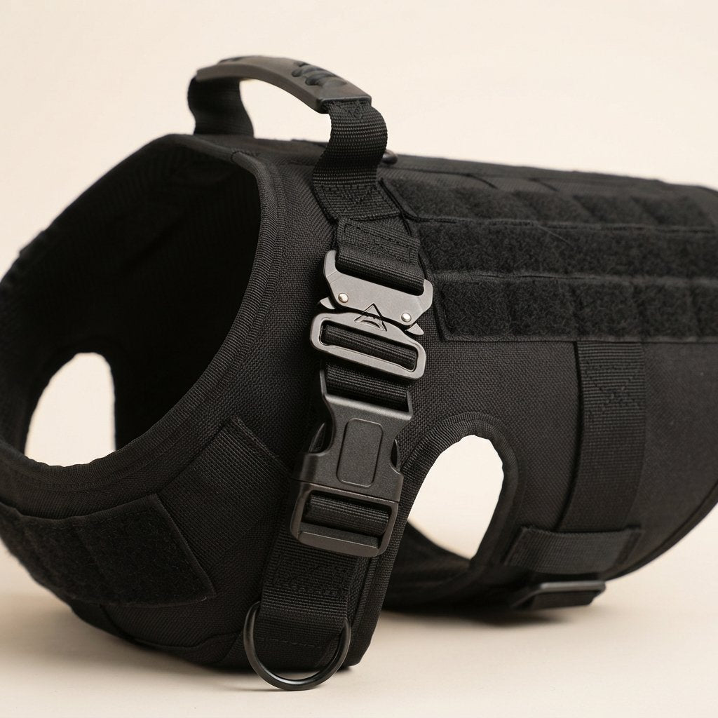 Close-up of the TrailHarness handle, buckle and MOLLE webbing