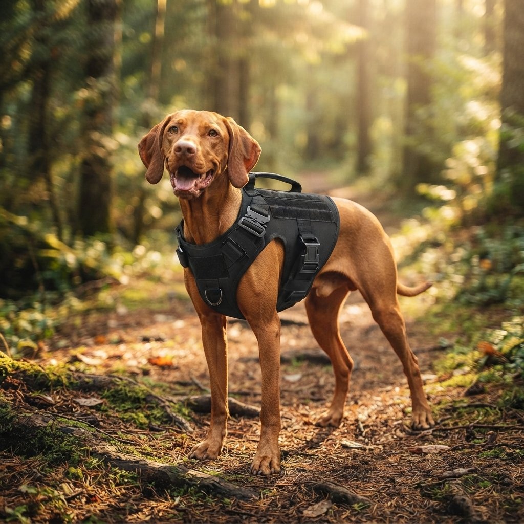 Dog wearing the WilderPaw TrailHarness on a forest trail