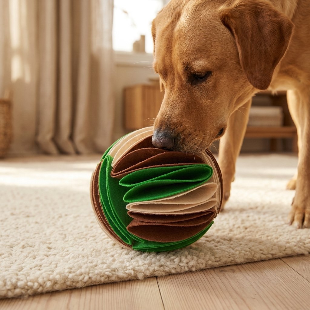 Dog snuffling the WilderPaw ForageBall on a rug at home