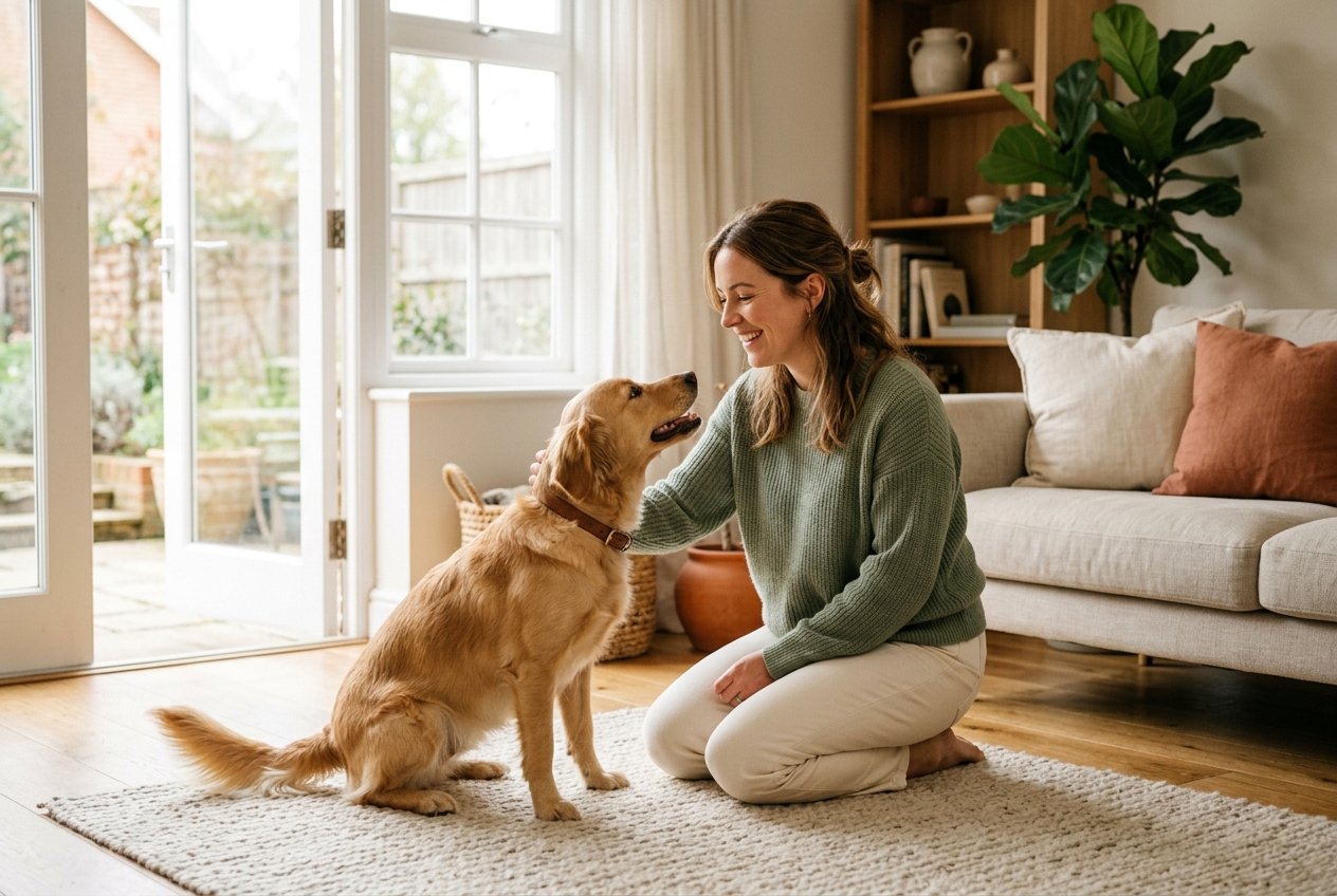 A dog and its owner sharing a warm moment in a bright, sunlit home