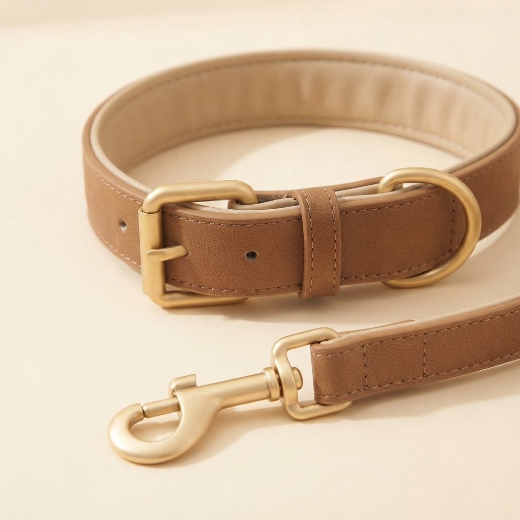 Close-up of the WilderPaw Homestead brushed gold-tone buckle, D-ring and clasp