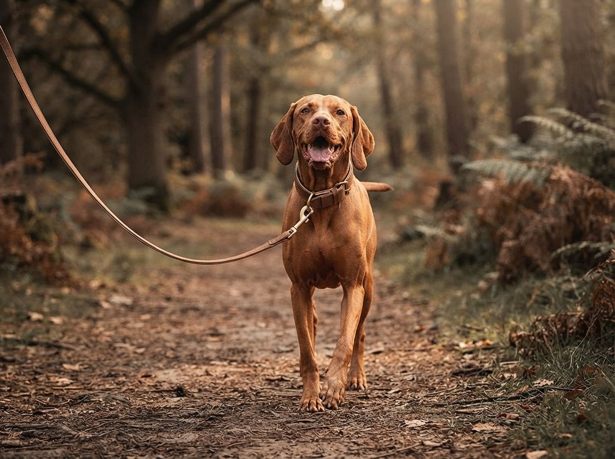 Dog wearing the WilderPaw Homestead tan collar and lead on a forest walk