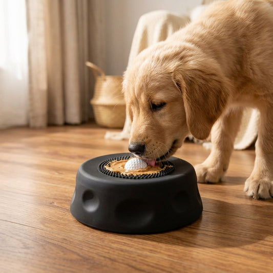 Dog licking food from the black WilderPaw LickWell at home