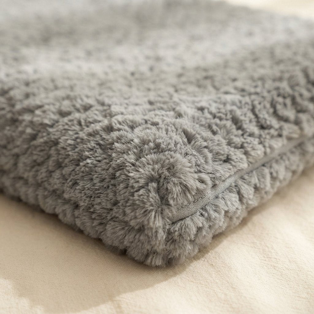 Close-up of the WilderPaw LodgeBed plush textured surface and removable cover