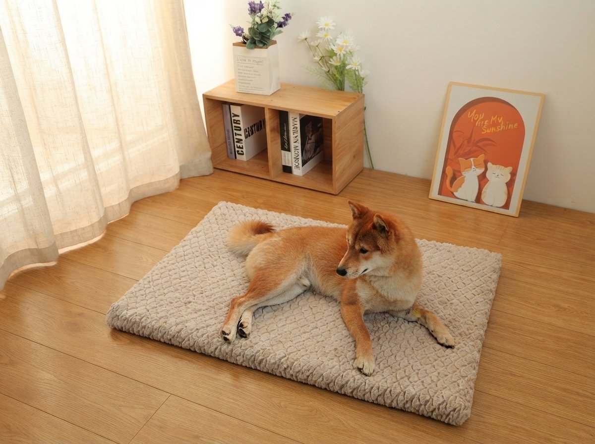 Dog resting on the WilderPaw LodgeBed plush mat in a warm home