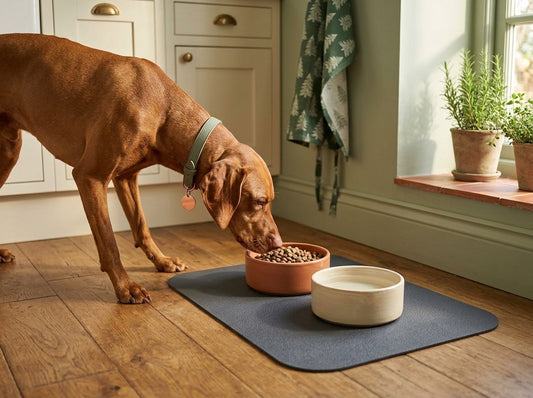 Dog feeding station on the WilderPaw MessMat