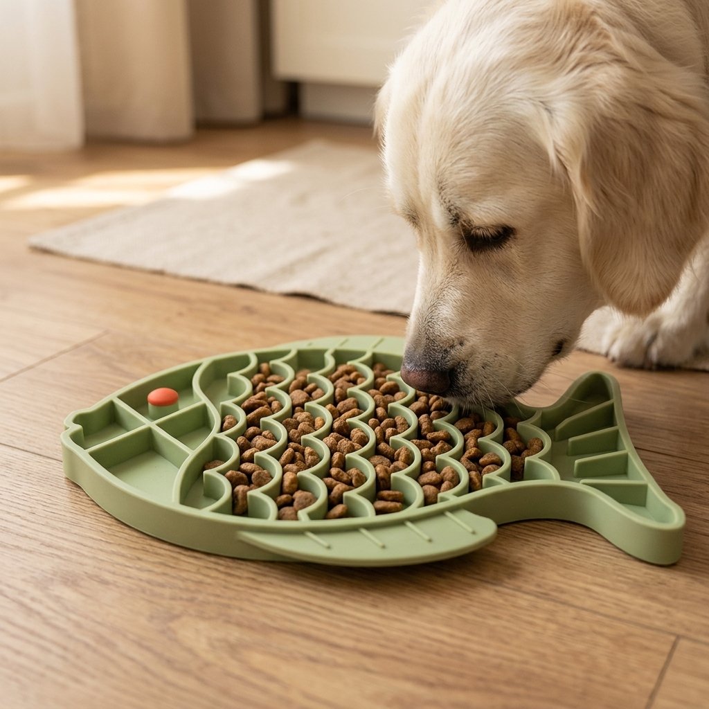 Dog eating kibble from the green WilderPaw SlowBowl slow feeder at home