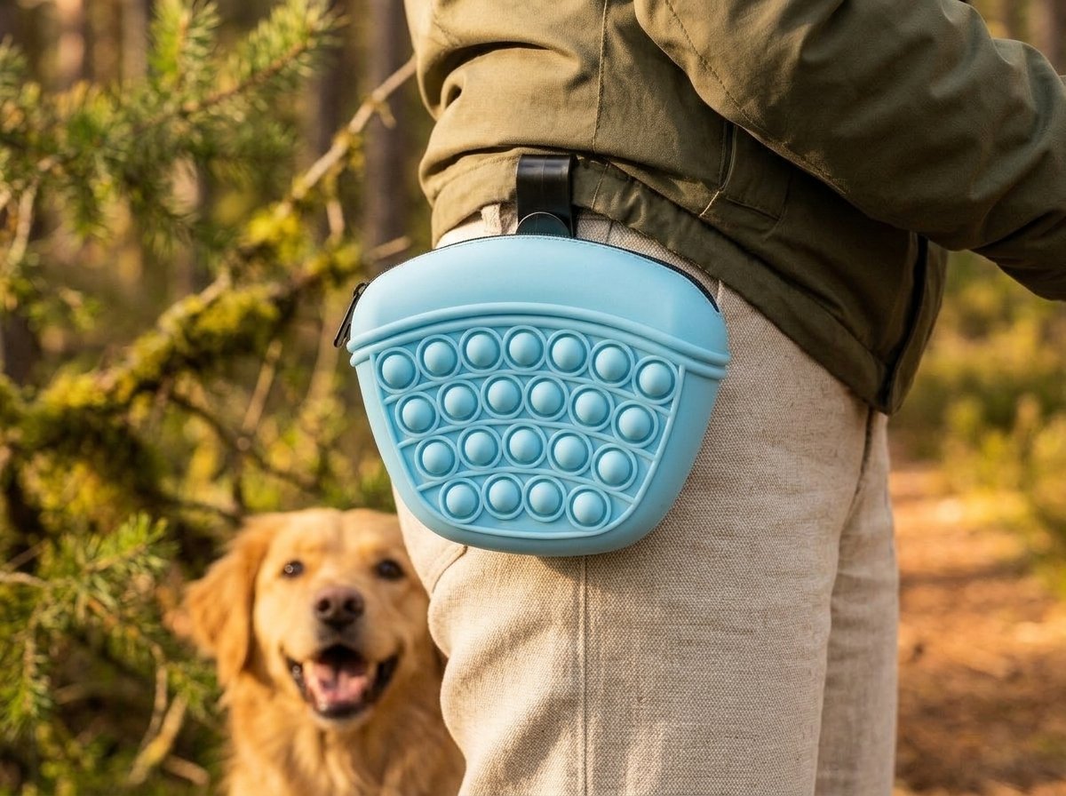 WilderPaw TrailPouch clipped to waistband on a forest walk with a dog